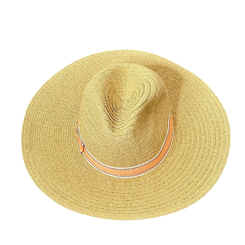 Anthropologie Brighton Beach Rancher Straw Hat Paper Tan Orange Ribbon Bow - Picture 4 of 10